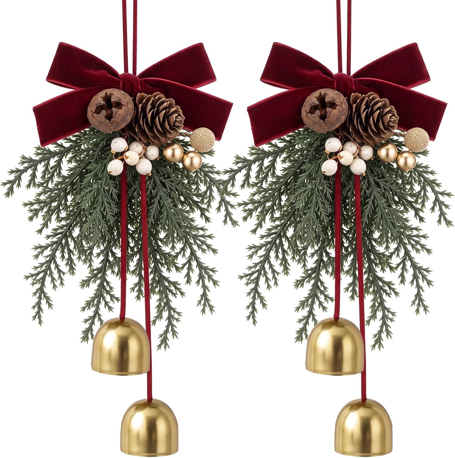 Set van 2 grote kerstkransstrikken (10 inch) met bel voor boomdecoratie, bordeauxrood