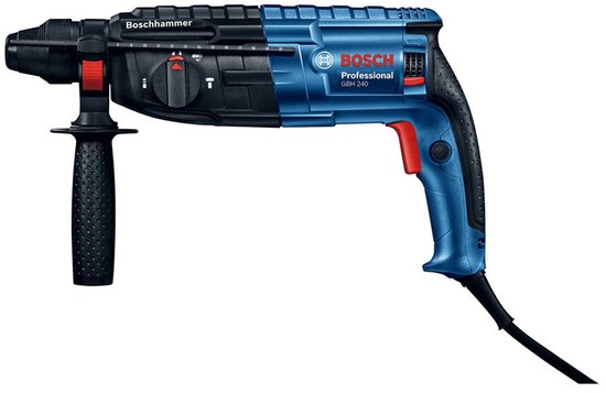 Blauwe Bosch Professional GBH 240 boorhamer met zwarte handgreep en rode bedieningsknoppen.