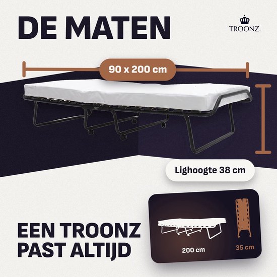 Uitgeklapt Troonz logeerbed (90x200 cm) met zwart frame en wit matras, 38 cm lighoogte.