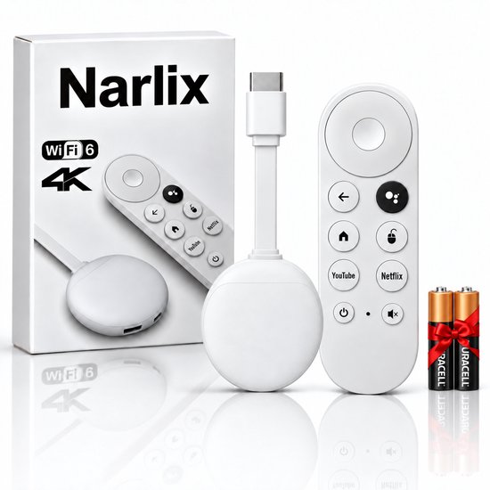Narlix TV Dongle 4K Ultra HD - Android Streaming Box - WiFi & Bluetooth - 16GB Opslag - Geschikt voor Chromecast-functionaliteit - Incl. Batterijen - Smart TV Stick - Geschikt voor…