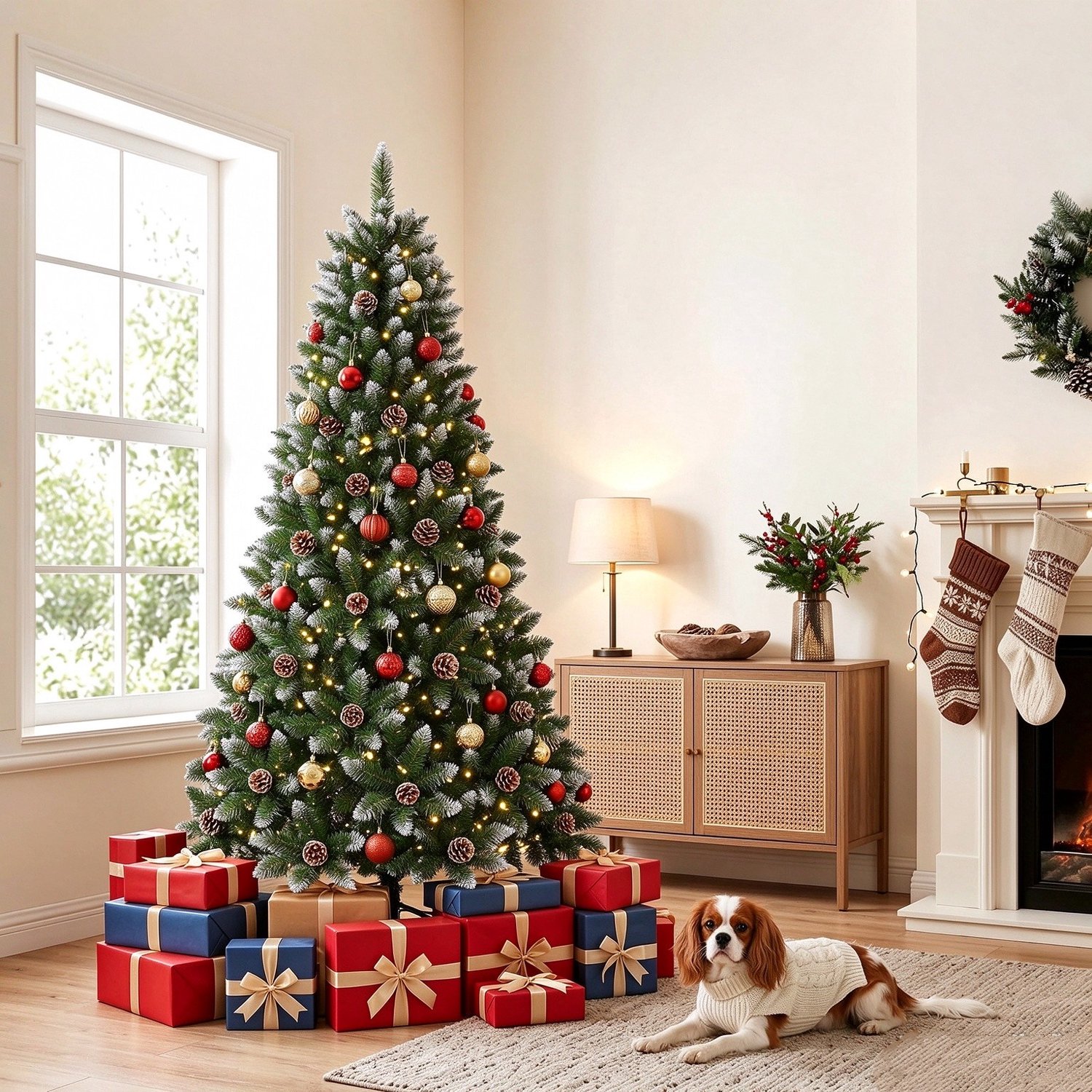 Kunstkerstboom 210 cm PVC met sneeuweffect, ingebouwde LED-verlichting, dennenappels, brandvertragend, stabiele voet