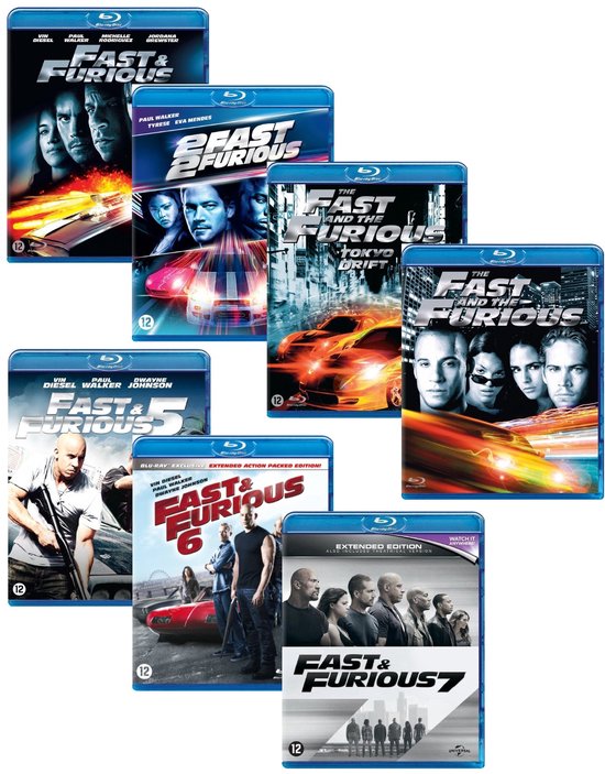 Collectie van zeven Fast and the Furious Blu-ray films met acteurs en snelle auto's op de covers.