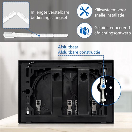 Zwarte toilet-bedieningsplaat met montageframe, verstelbare staafjes en uitleg over het kliksysteem en geluidsreductie.