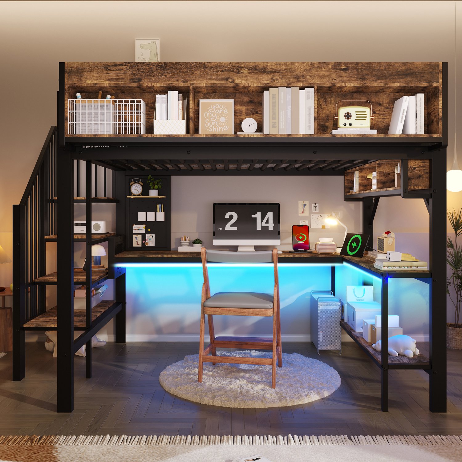 intebiki Vintage bruin-zwart hoogslaper (90x200 cm) met hoekbureau - opbergruimte en prikbord - USB Type-C-aansluiting en ledverlichting - kinderbed EN747 (zonder matras) Zwart+Vintage