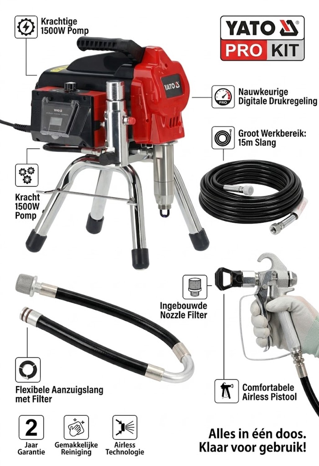 YATO YT-82581 Professioneel Hydrodynamisch Airless Verfspuitsysteem 1500W - 3 L/min - Max. 20.7 MPa / 207 Bar - Met 15m Hogedrukslang & Spuitpistool (Nozzle 517)