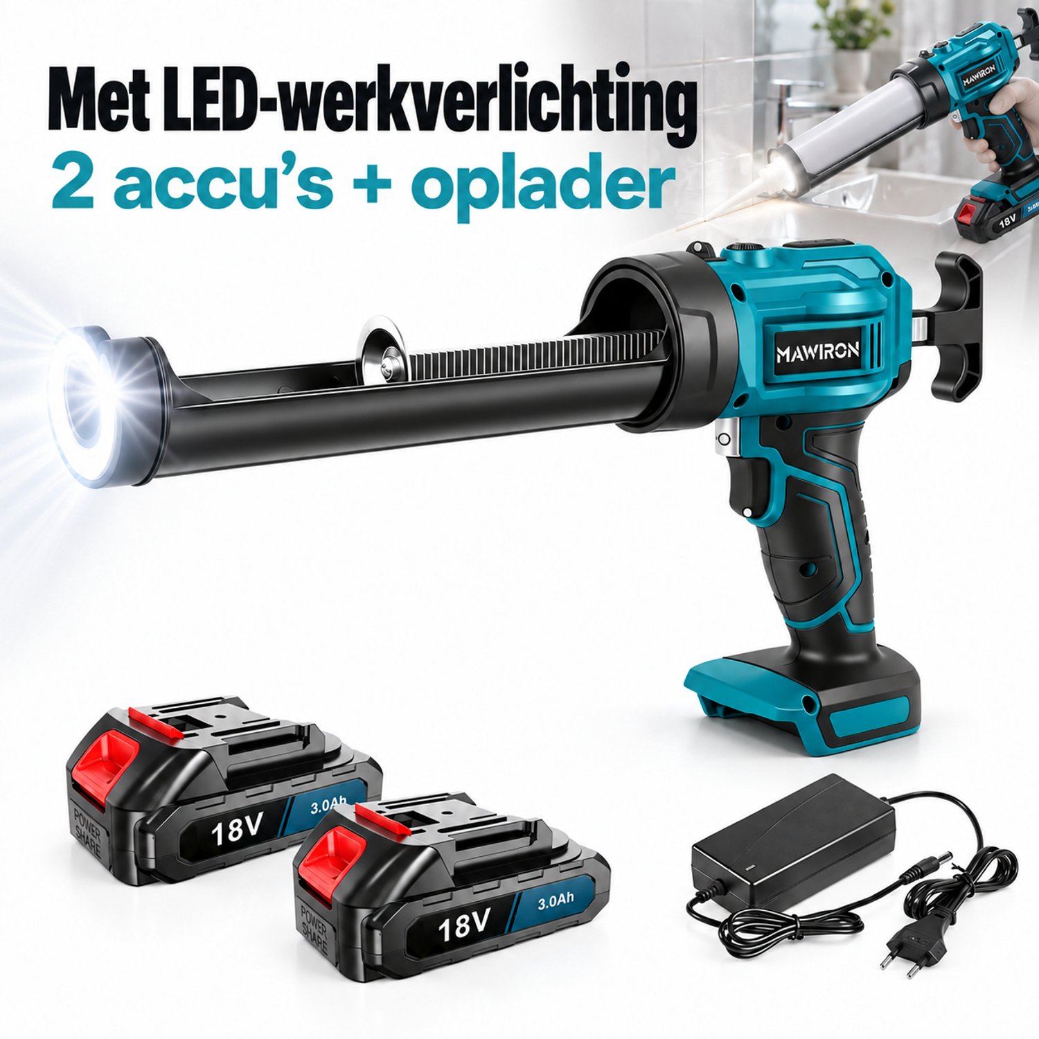 MAWIRON Elektrisch Kitpistool 18V – Accu Kitspuit – 2× 3,0 Ah Accu + Oplader – 4 Snelheden – LED
