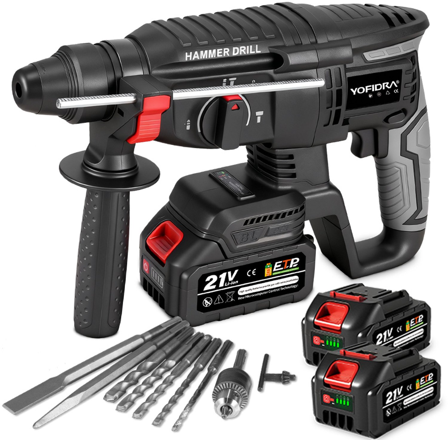YOFIDRA draadloze SDS-Plus hamerboor – met 2 accu's en 10 accessoires – geschikt voor bouw, renovatie, installatie, DIY en industrieel gebruik.