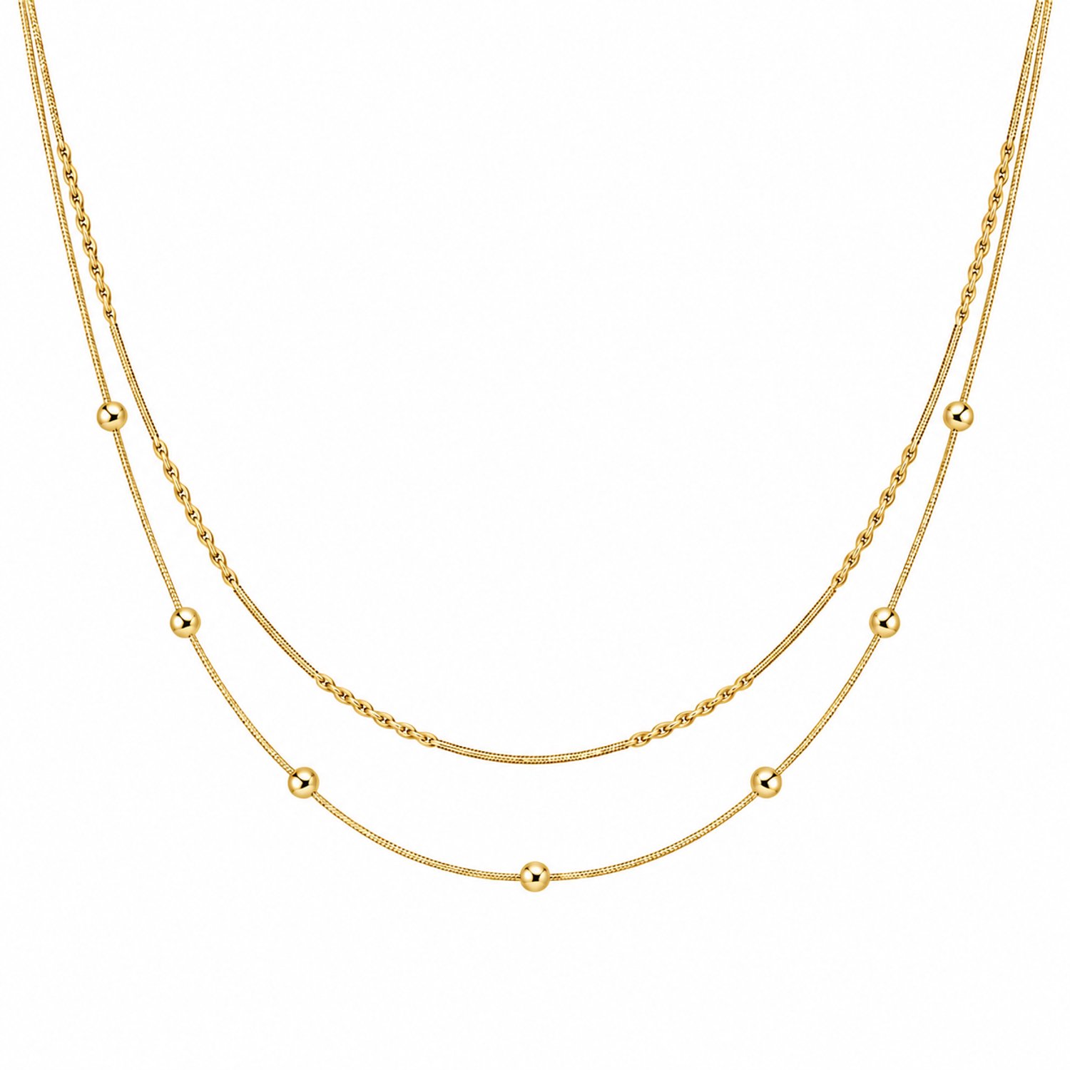 Engravia by Derya – Dubbele Damesketting – Stainless Steel – Goudkleurig met Bolletjes en Schakels – Elegant Sieraad & Cadeau voor Haar