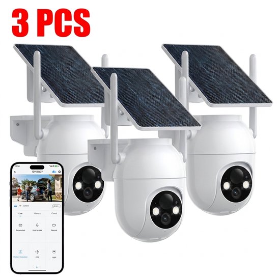 3 Stuks Konsoefuly Draadloze Beveiligingscamera 2K HD - Op zonne-energie werkend - Geen abonnement - Buitencamera met kleurennachtzicht - Bewakingscamera voor Buiten 360° PTZ - Beveiligingscamera Met WiFi en App — afbeelding 2