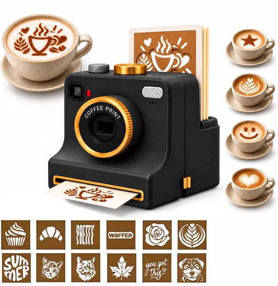 Zwarte koffie-stempelcamera met sjabloonkaarten met o.a. 'WAFFER', 'SUMMER' en 'you got this'.