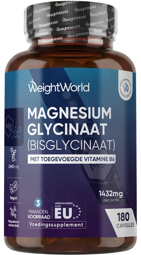 WeightWorld Magnesium Bisglycinaat capsules - 1420 mg - 3 maanden voorraad - Met Vitamine B6 - Gemaakt in de EU - Vegan