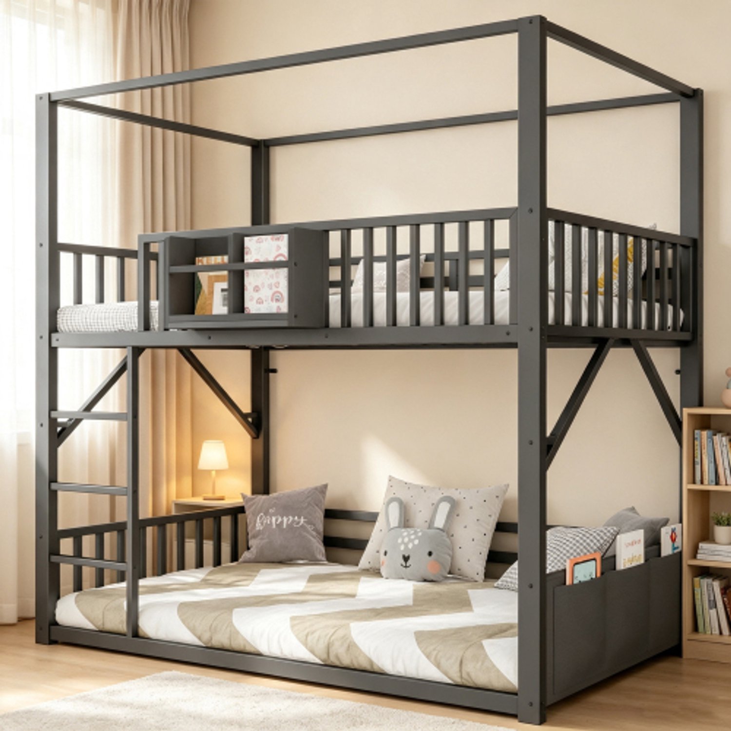 OOIILLEE Metalen stapelbed 90 x 200 cm voor kinderen en jongeren, ruimtebesparend eenpersoonsbedframe met dakconstructie, modern kinderstapelbed zwart