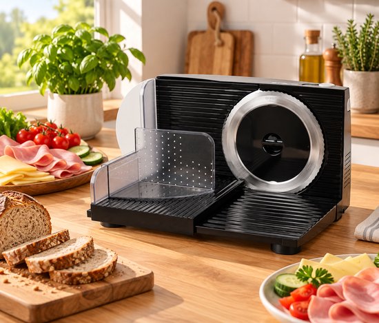 Emerio Multifunctionele Snijmachine - 110W, Dikte Verstelbaar 0-17mm - Solinger RVS Mes - Elektrische Snijmachine voor Brood, Kaas en Vlees - Broodsnijmachine Elektrisch - MS-125000.1 Allessnijder Zwart van Emerio — afbeelding 2