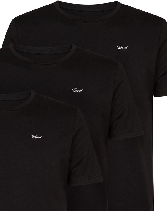 Drie zwarte katoenen T-shirts met korte mouwen, ronde hals en wit geborduurd Petrol-logo op de borst.
