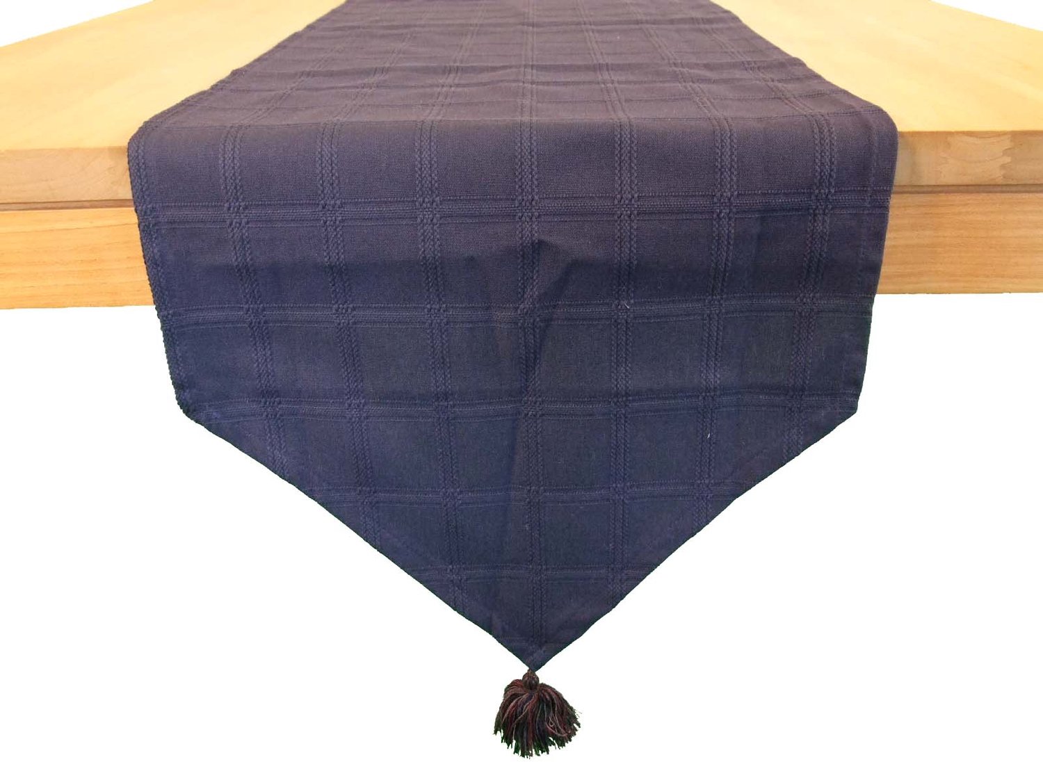Tafelloper Marlyn - 40 x 170 cm - kleur 22 - donkerblauw - 100% katoen - met ingeweven blokkenpatroon en kwastjes aan uiteinden - loper - lopertje