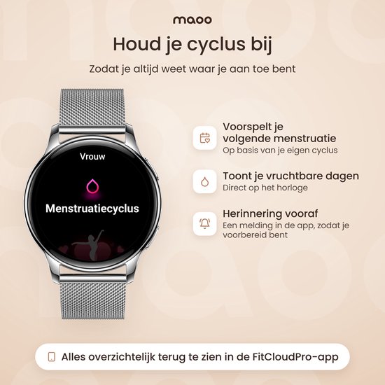 Horloge met menstruatiecyclus-tracking, toont voorspellingen en herinneringen in de app.