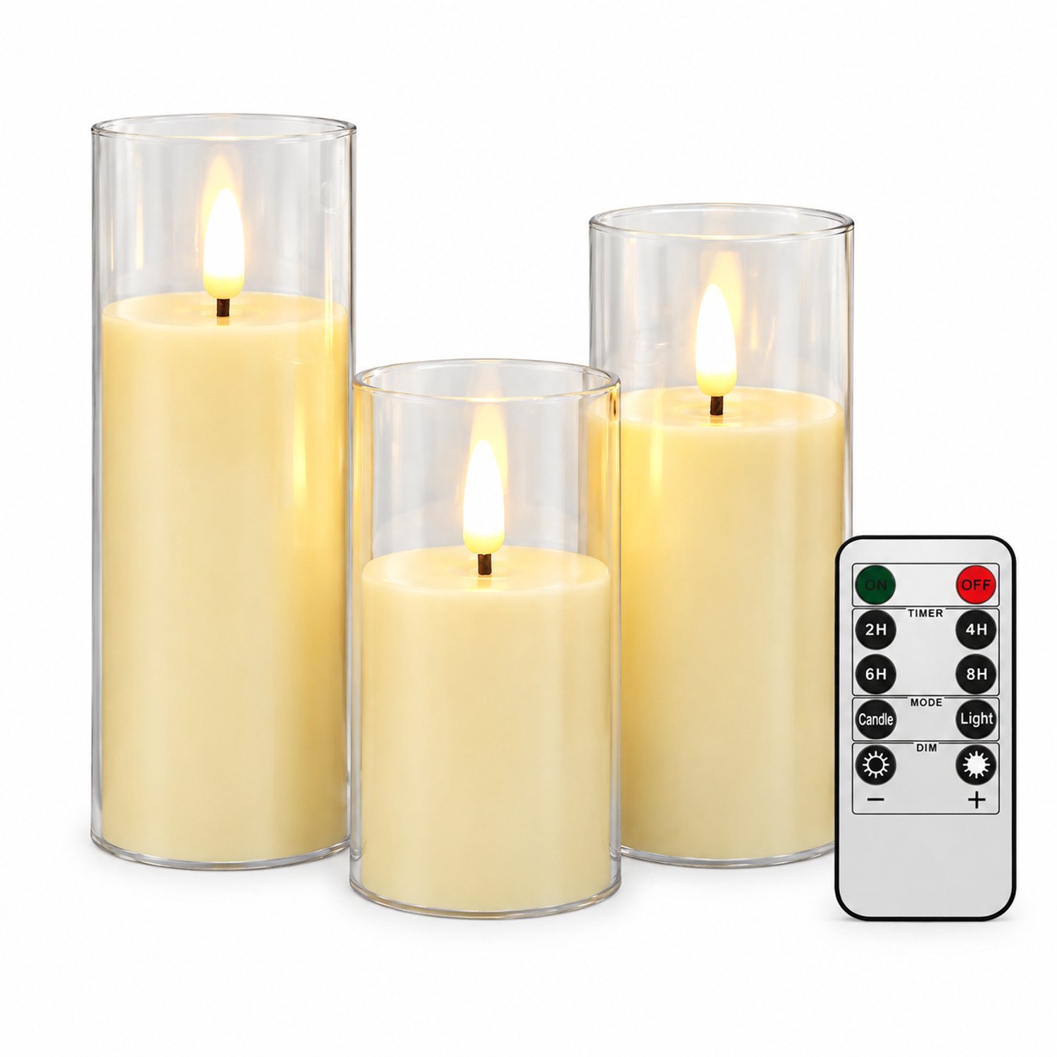 SWGOTA led kaarsen, set van 3 met afstandsbediening, ivoorkleurig met transparante kap, diameter 5,5 cm en hoogtes 10/12,5/15 cm, voor bruilofts- en feestdecoratie
