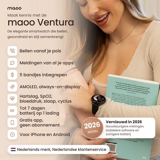 Maoo Ventura Smartwatch Dames - Belfunctie - 5 Bandjes - AMOLED - Stappenteller Horloge Dames - Hartslagmeter - Slaapmonitor - Android en iOS - Zwart