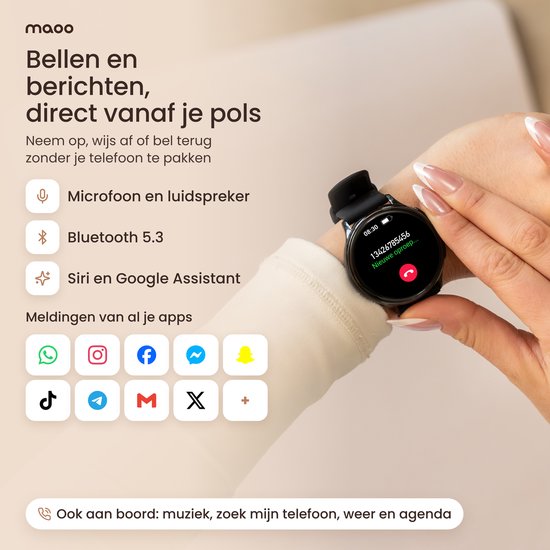 Vrouw met verzorgde nagels bedient smartwatch voor oproepen en berichten, met icoontjes van sociale media-apps.