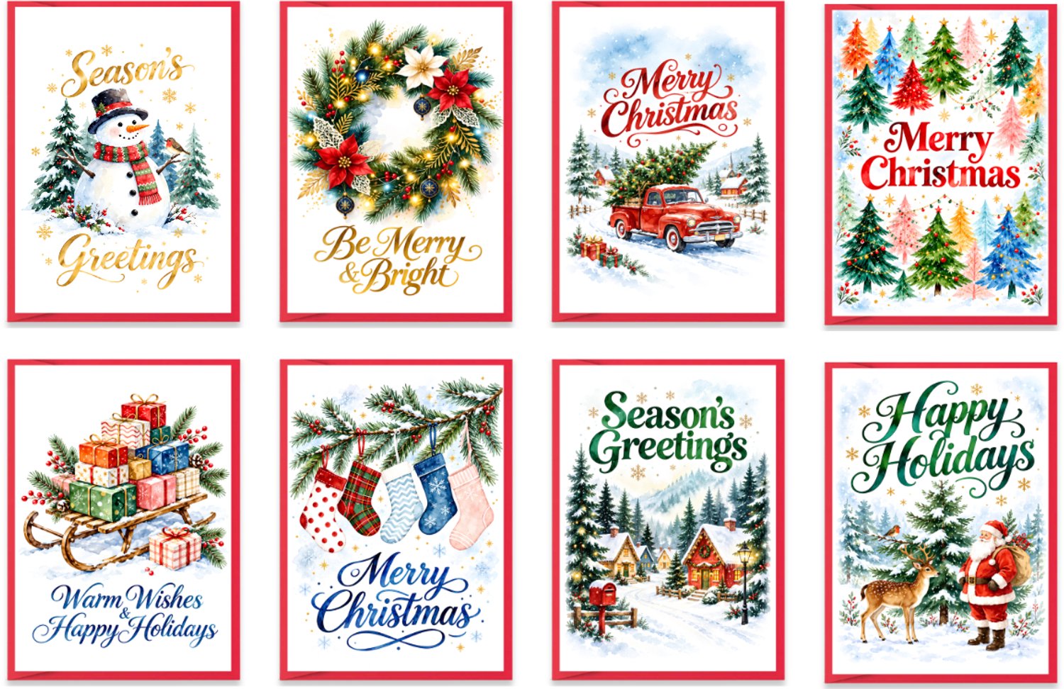 Set van 8 Kerstkaarten en Nieuwjaarskaarten – 10 x 15 cm – Met enveloppen – Enkelzijdig bedrukt