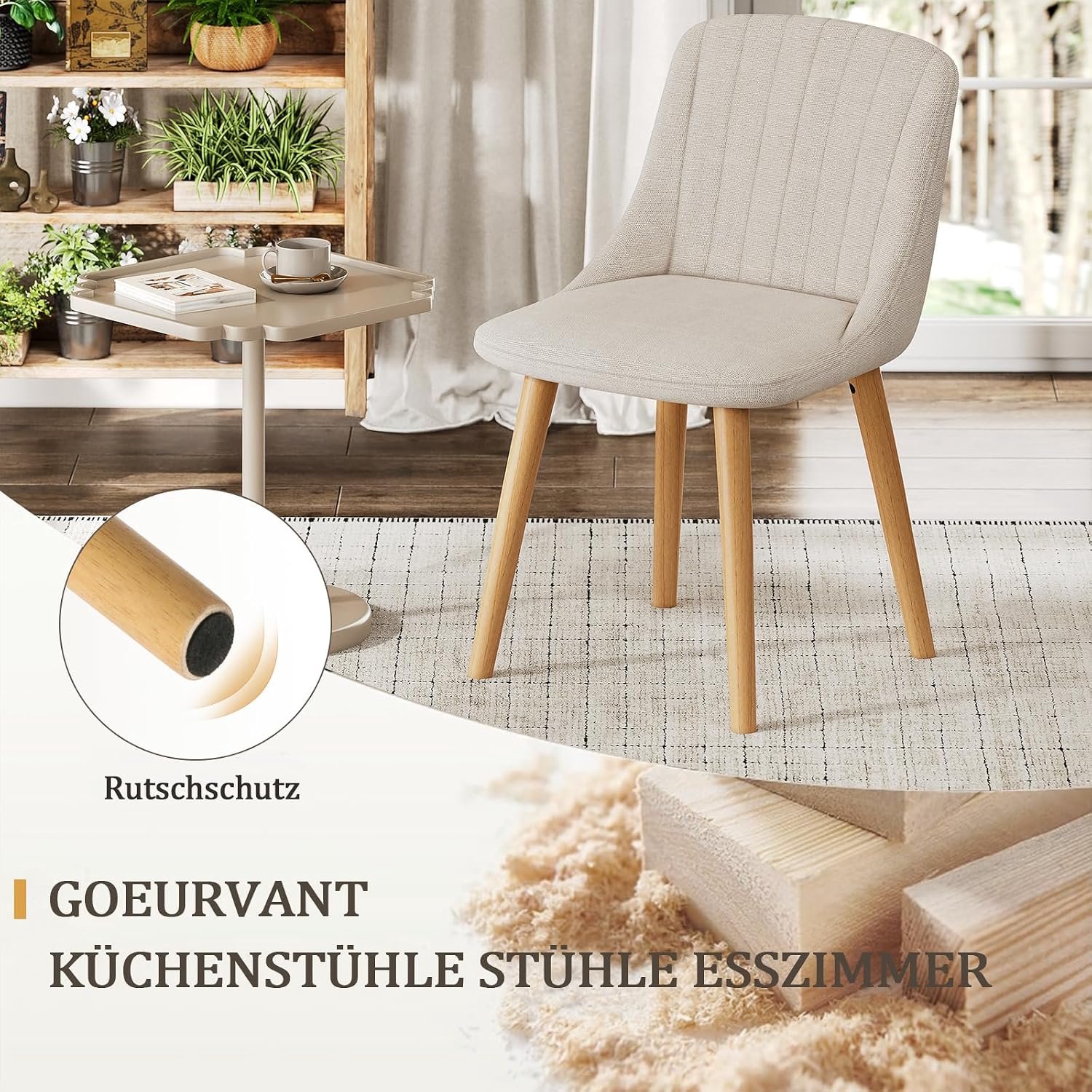 Beige Eetkamerstoelen Set van 4 – Laurahomestore Elegante Gestoffeerde Keukenstoelen met Ergonomische Rugleuning, Comfortabele Polyester Bekleding en Massief Houten Poten, Moderne Stoelen voor Eetkamer, Keuken en Woonkamer