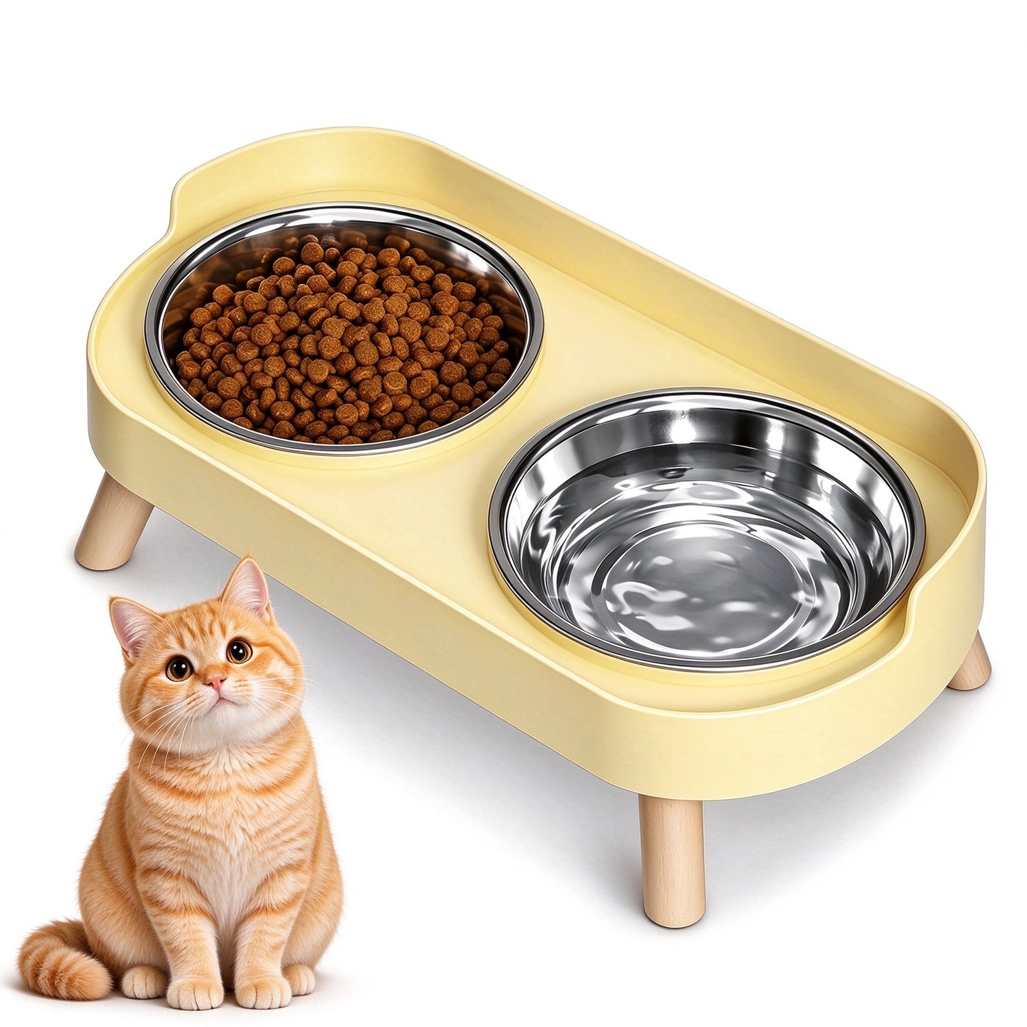 Lifhelpe Katten Voerbak,Voerbakjes voor katten,dubbele verhoogde kattenvoerbak van RVS‑staal,antislip tegen omvallen,400 ml per bak,voer‑ en drinkstation voor katten en kleine honden,Geel