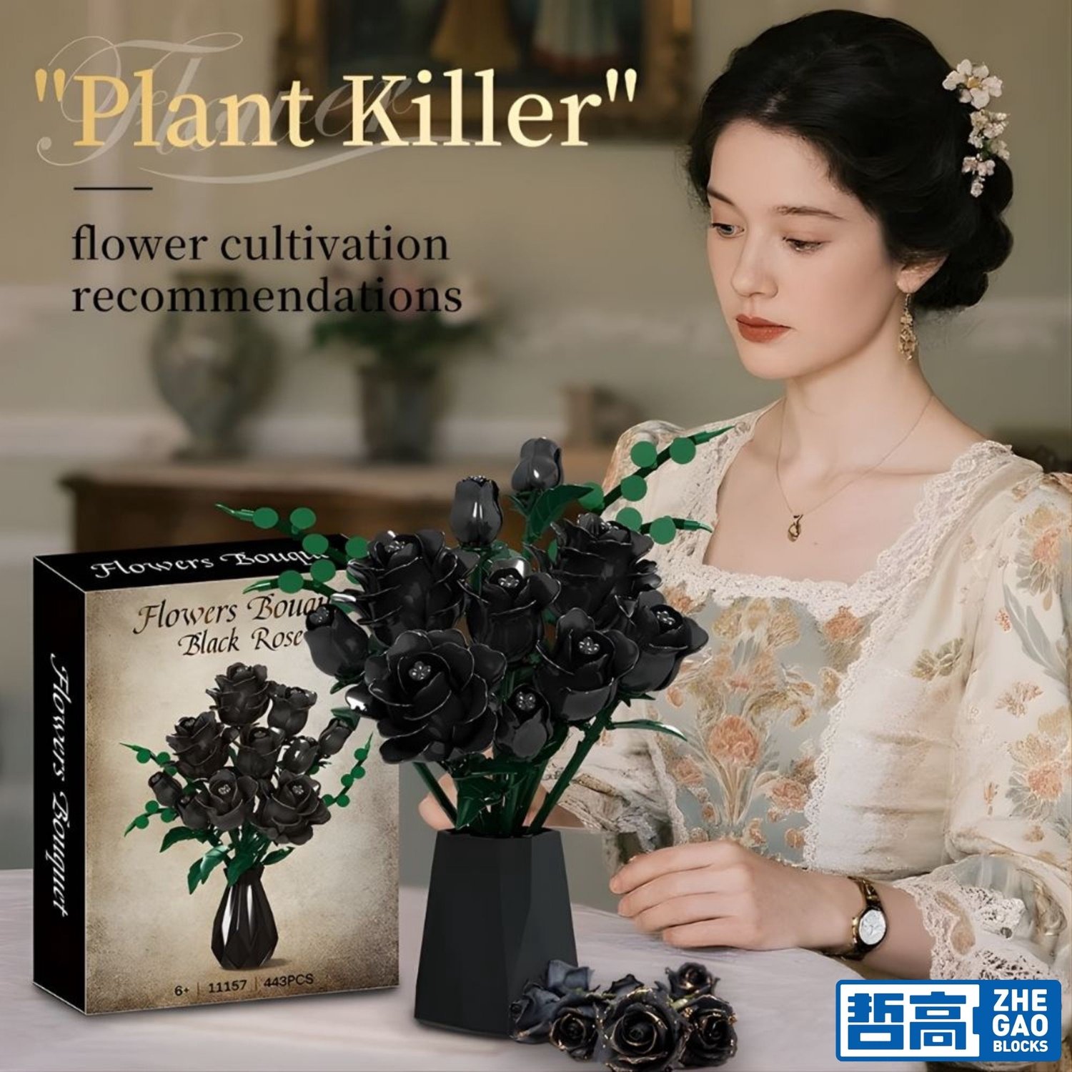 Zhe Gao 11157 Zwarte Rozen Bloemen Boeket bouwset | Botanical Flowers 2026 modelbouw | Classic Creator bonsai speelgoed bouwpakketten voor volwassenen & kinderen | Kunstbloemen niet geschikt voor lego | bouwdoos met 443 bouwstenen — afbeelding 5