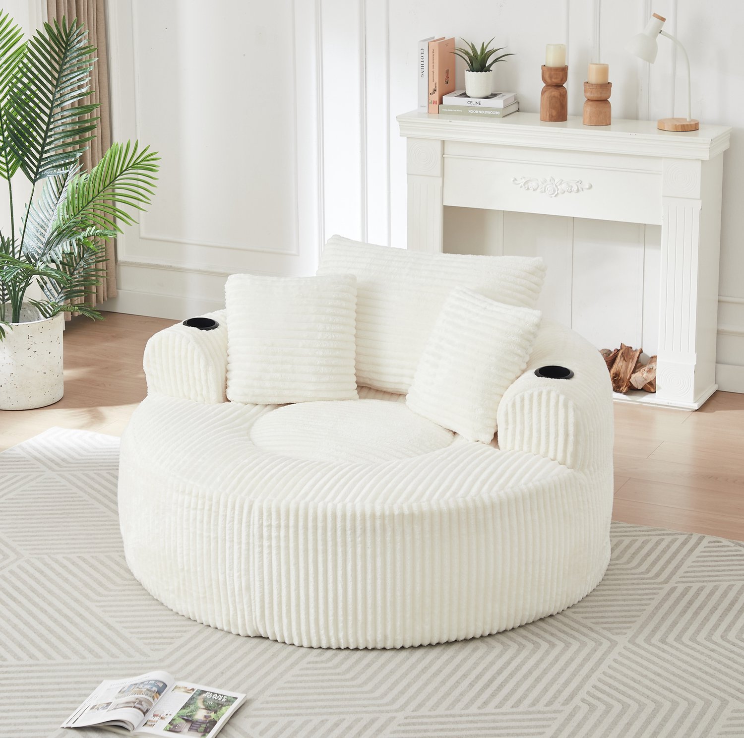 STILVORA Zitzak 142 x 142 x 85 cm - Ronde Loungestoel Met 3 Kussens, 2 Bekerhouders En Opbergvakken - Woonkamer En Slaapkamer - Ribstof Beige