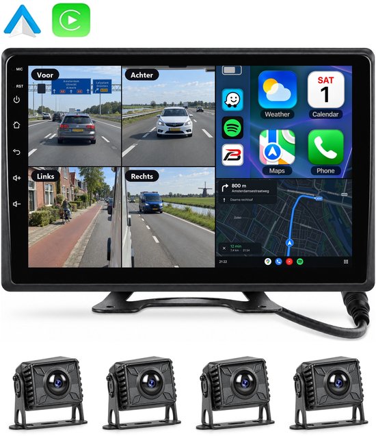 Boscer 10.1 Inch Android 4-Wegs Camera Monitor - 4x Waterproof IP68 Camera - Apple Carplay & Android Auto (Draadloos) - Android 13 - 2+32GB - WiFi, Bluetooth & Radio - Geschikt voor Camper, Auto & Vrachtwagen