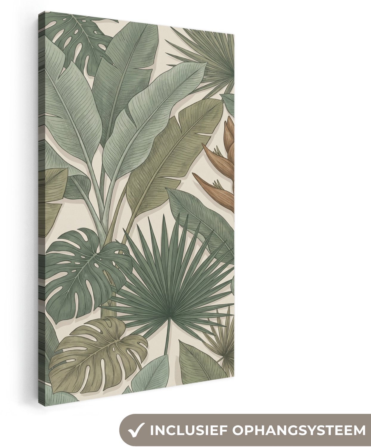 Canvas schilderij 20x40 cm - Exclusieve wanddecoratie Planten - Tropisch - Natuur - Illustratie - Groen - Muurdecoratie woonkamer - Slaapkamer decoratie - Kamer accessoires - Schilderijen op canvas