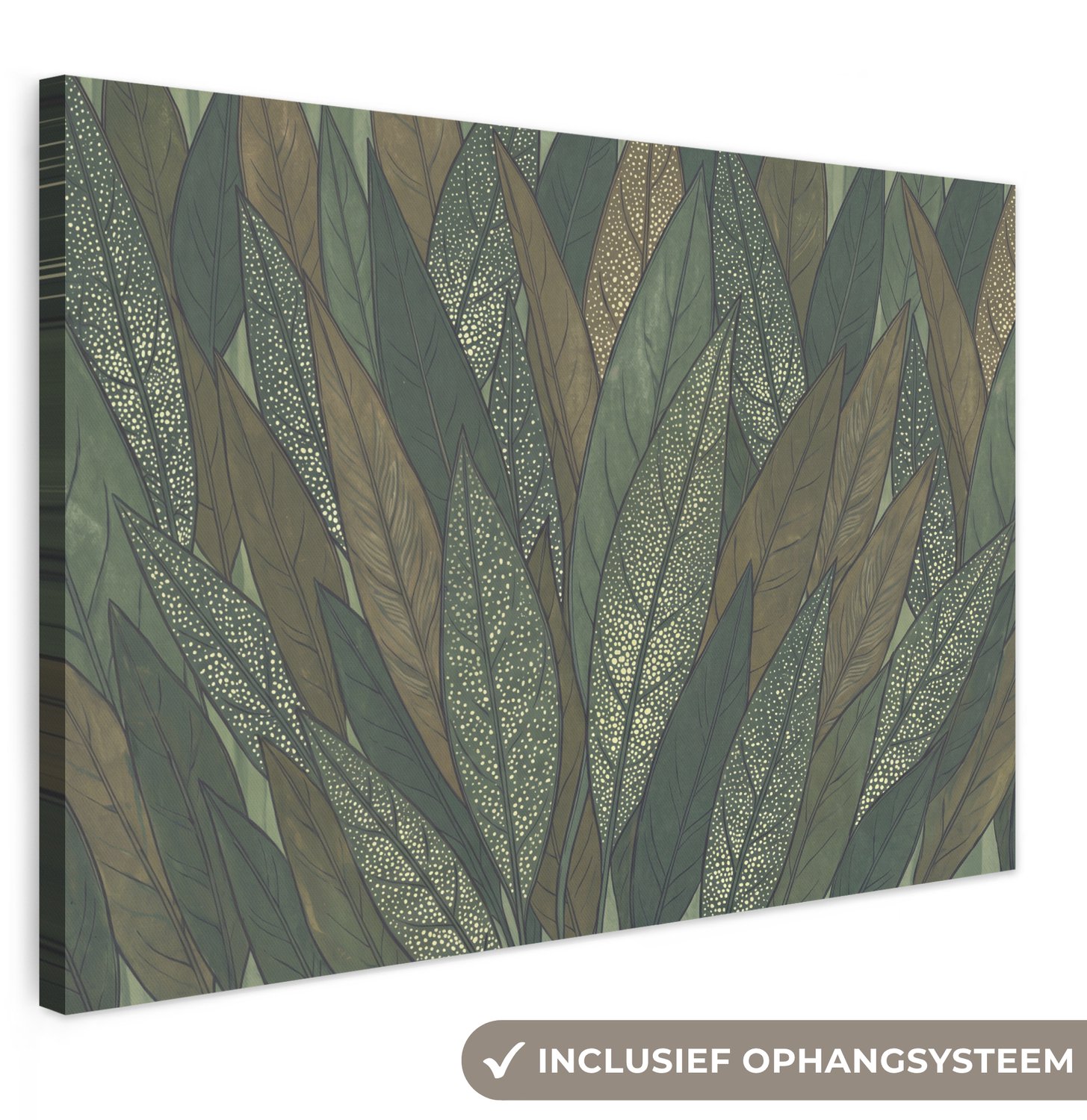 Canvas schilderij 120x80 cm - Exclusieve wanddecoratie Bladeren - Patroon - Gestippeld - Natuur - Groen - Muurdecoratie woonkamer - Slaapkamer decoratie - Kamer accessoires - Schilderijen op canvas groot XXL