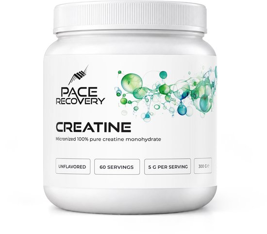 Witte pot Pace Recovery creatine, 300g, met groen-blauwe bubbel-illustratie. Label vermeldt 'Unflavored, 60 servings'.