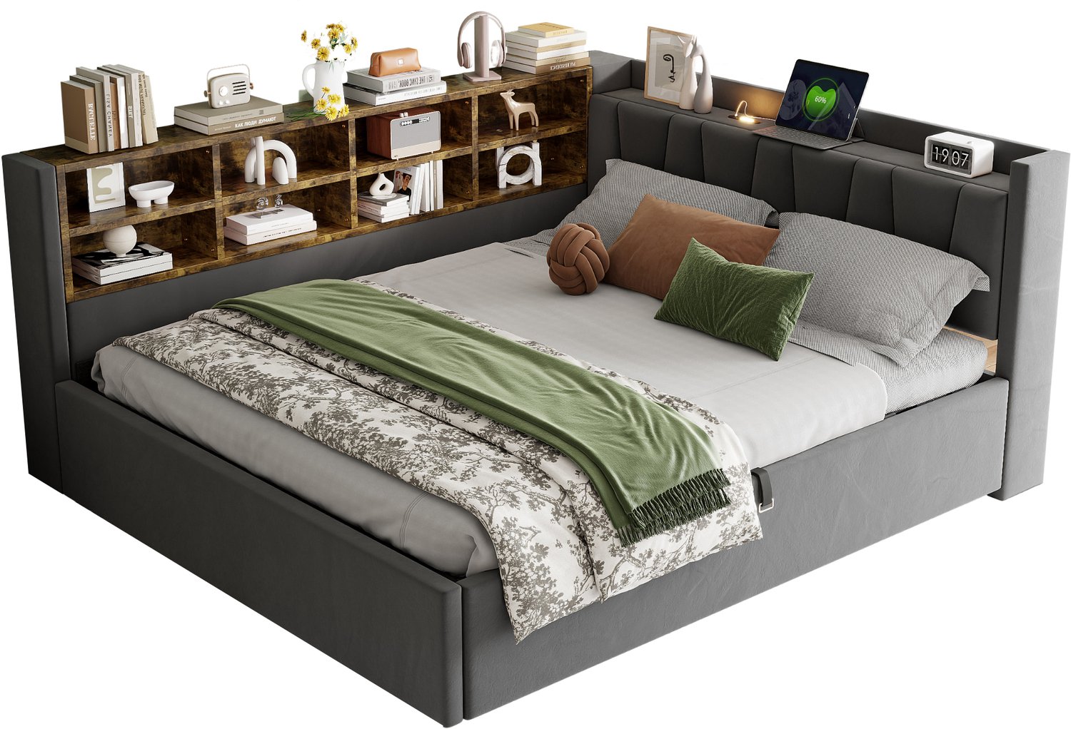 MUVANO Gestoffeerd bed 140x200 cm - bed met hydraulische opbergruimte - zacht fluwelen bed - bed met ingebouwd nachtlampje - bed met zijvakken - donkergrijs