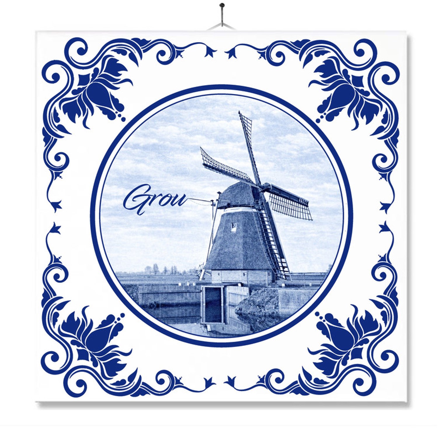 MC Living Tegel Met Opdruk | Grou | Delft Blauw | Cadeau | Inclusief Geschenkdoos | Standaard | Ophangsysteem Ontwerp 1