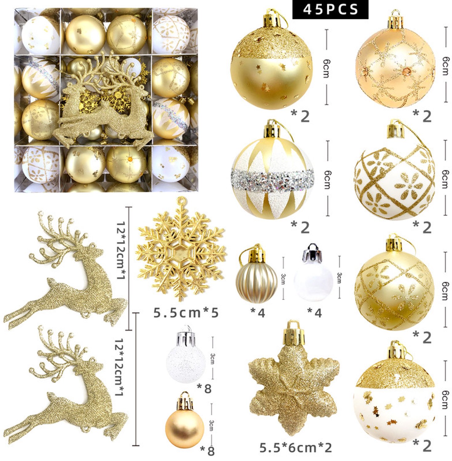 Kerstversiering – Set van 45 gouden kerstballen-met een diameter van 6 cm; decoratieve kunststof ornamenten voor in de kerstboom-ook geschikt voor gebruik in kransen-slingers en diverse andere kerstdecoraties-Rood-goud – foto 8