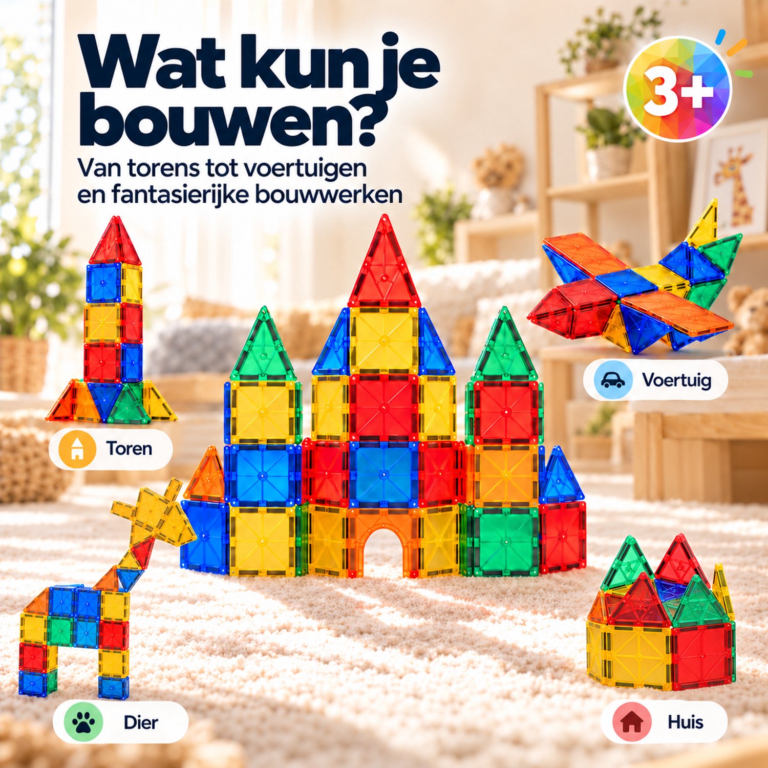 Magna Minds - Magnetic Tiles- Magnetisch Speelgoed – 135 stuks - Constructie speelgoed - Magnetische tegels - Montessori speelgoed - Magnetic toys - Magnetische bouwstenen - Speelgoed Kinderen — afbeelding 7