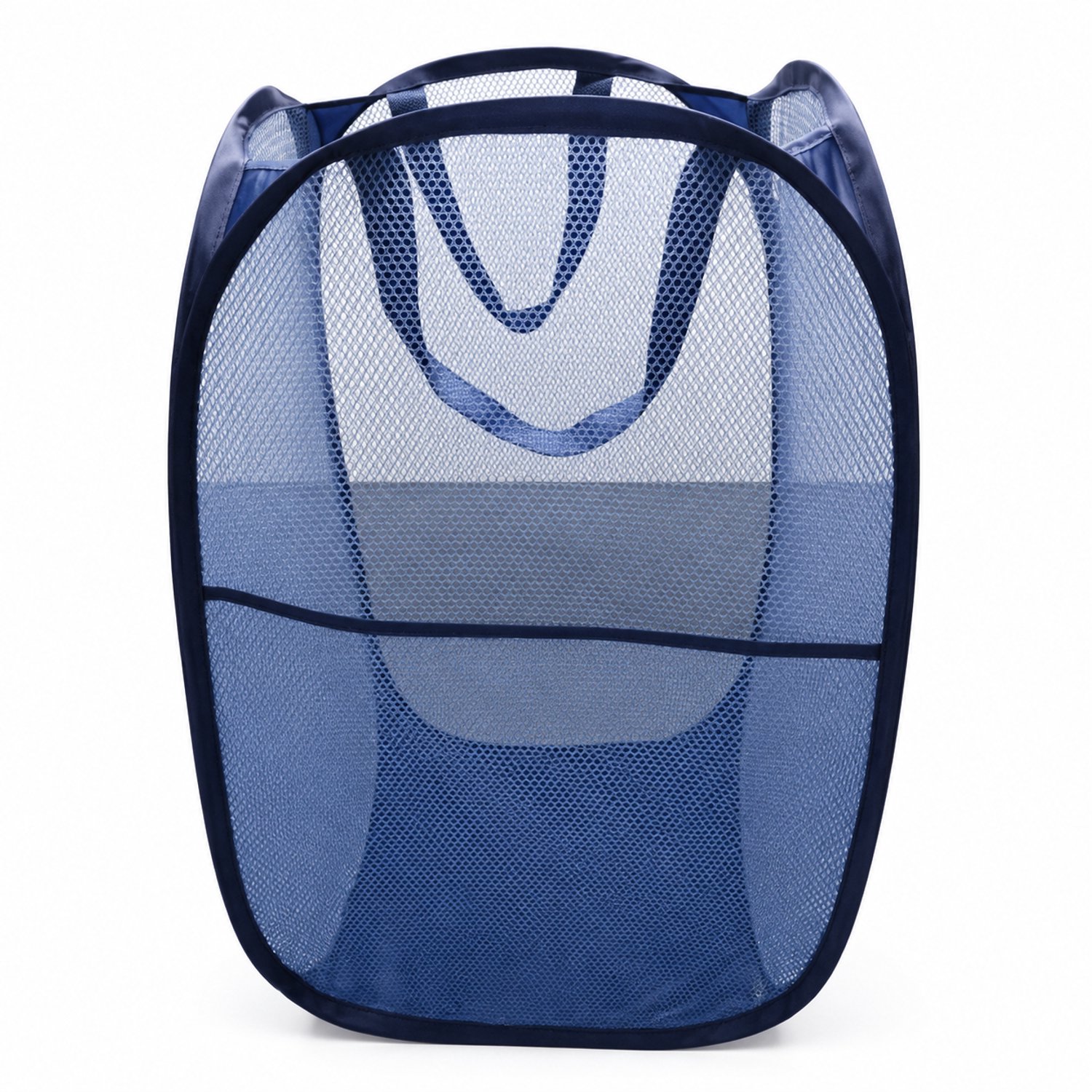 Blauwe opvouwbare pop-upwasmand van gaas, verticale uitvoering met draaglussen voor vuile was