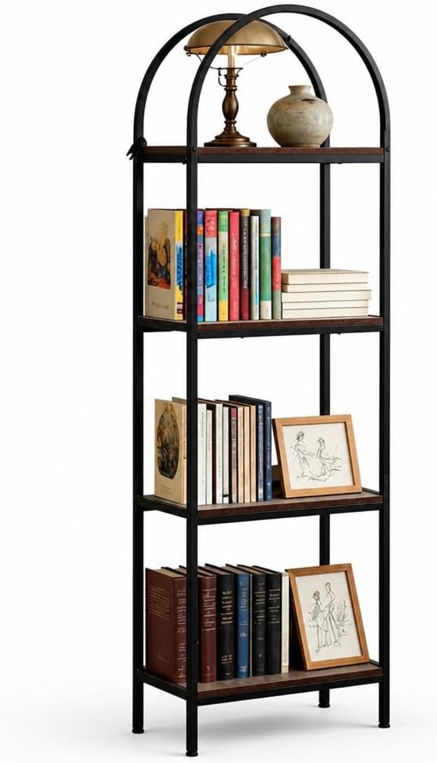 HOERFURIY Moderne vrijstaande boogvormige boekenkast, 4 open planken zwart frame bruin blad 60x28x180cm zwart en bruin