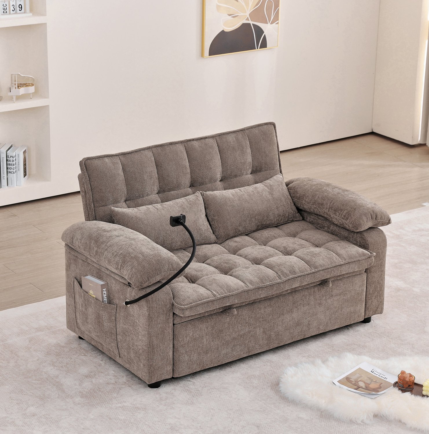 MIVRAY Slaapbank 142 cm - Verstelbare Rugleuning met 5 Standen - Voor Woonkamer en Logeerkamer - Chenille en Hout - Bruin