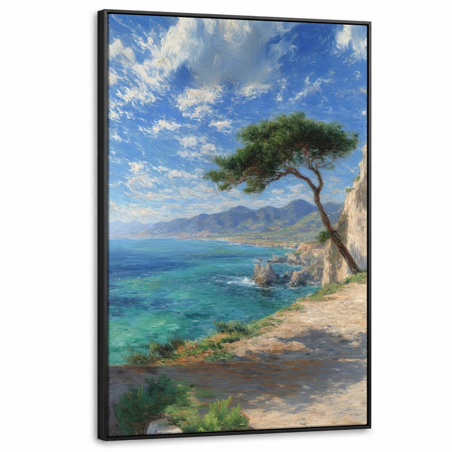 Canvas Schilderij met Baklijst XXL Canvas Schilderij met Baklijst 90x140cm - Rotsen - Kustlijn - Boom - Bergen - Muurdecoratie woonkamer - Slaapkamer decoratie - Kamer accessoires - Schilderijen op canvas met lijst groot