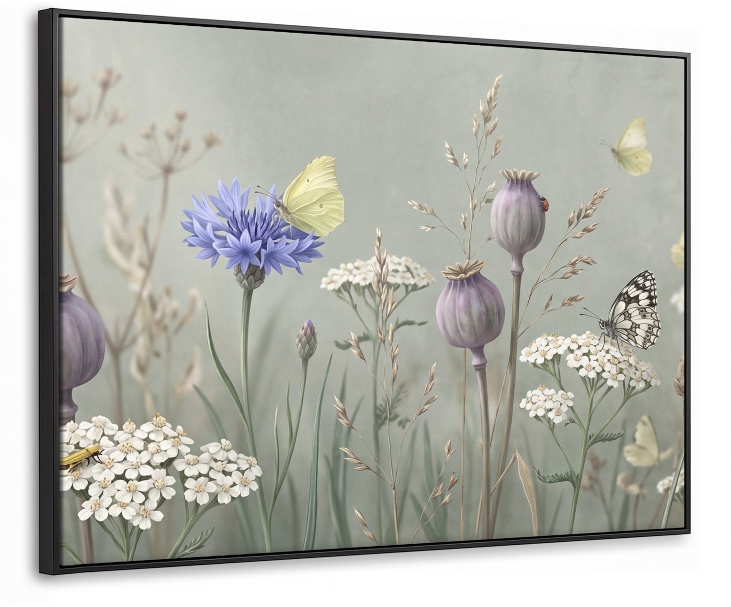 Canvas Schilderij met Baklijst 80x60cm - Vlinders - Wildbloemen - Illustratie - Kleurrijk - Muurdecoratie woonkamer - Slaapkamer decoratie - Kamer accessoires - Schilderijen op canvas met lijst