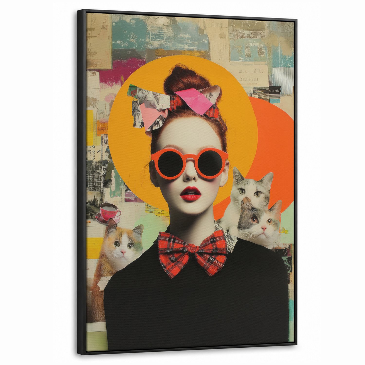 Canvas Schilderij met Baklijst 60x90cm - Vrouw - Bril - Strik - Retro - Muurdecoratie woonkamer - Slaapkamer decoratie - Kamer accessoires - Schilderijen op canvas met lijst