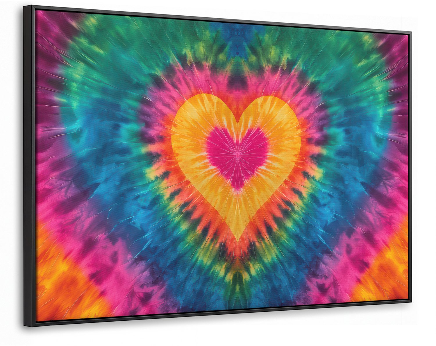 Canvas Schilderij met Baklijst XXL Canvas Schilderij met Baklijst 120x80cm - Hart - Tie Dye - Kleurrijk - Muurdecoratie woonkamer - Slaapkamer decoratie - Kamer accessoires - Schilderijen op canvas met lijst groot