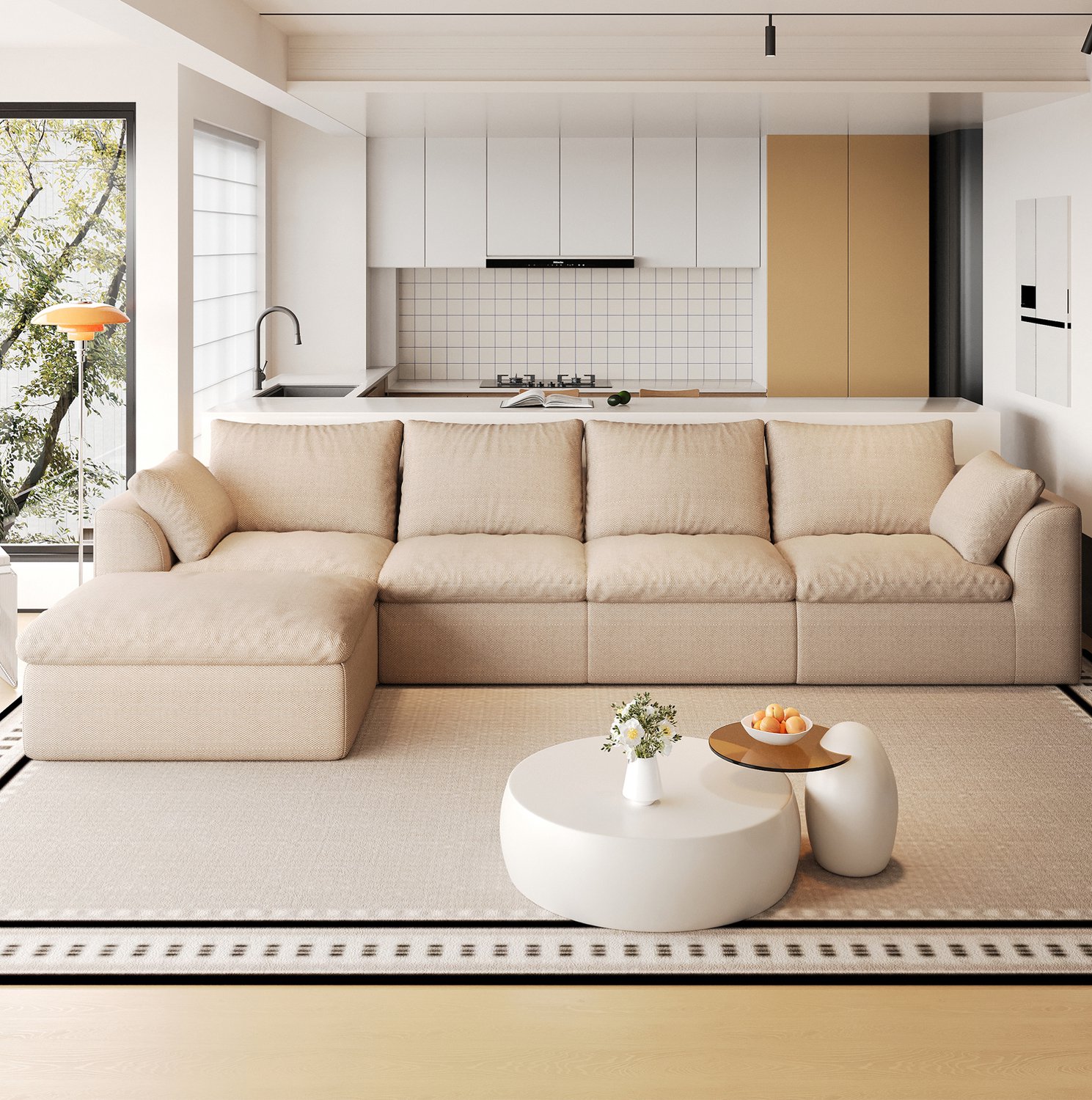STILVORA Hoekbank 310 x 155 x 83 cm - 5-Zits in L-Vorm met Zachte Schuimvulling - Voor de Woonkamer - Linnen Stof - Khaki