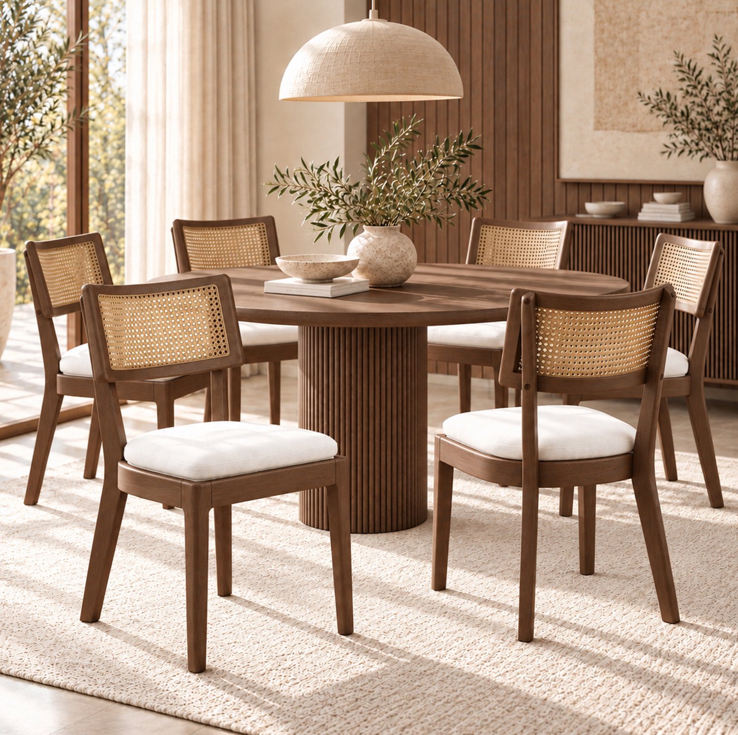 STILVORA Eetkamerstoelen 50 x 58 x 88 cm - Set van 6 met Rotan Rugleuning - Voor Eetkamer en Woonkamer - Hout en Linnen - Walnootbruin en Beige Walnootkleur en beige