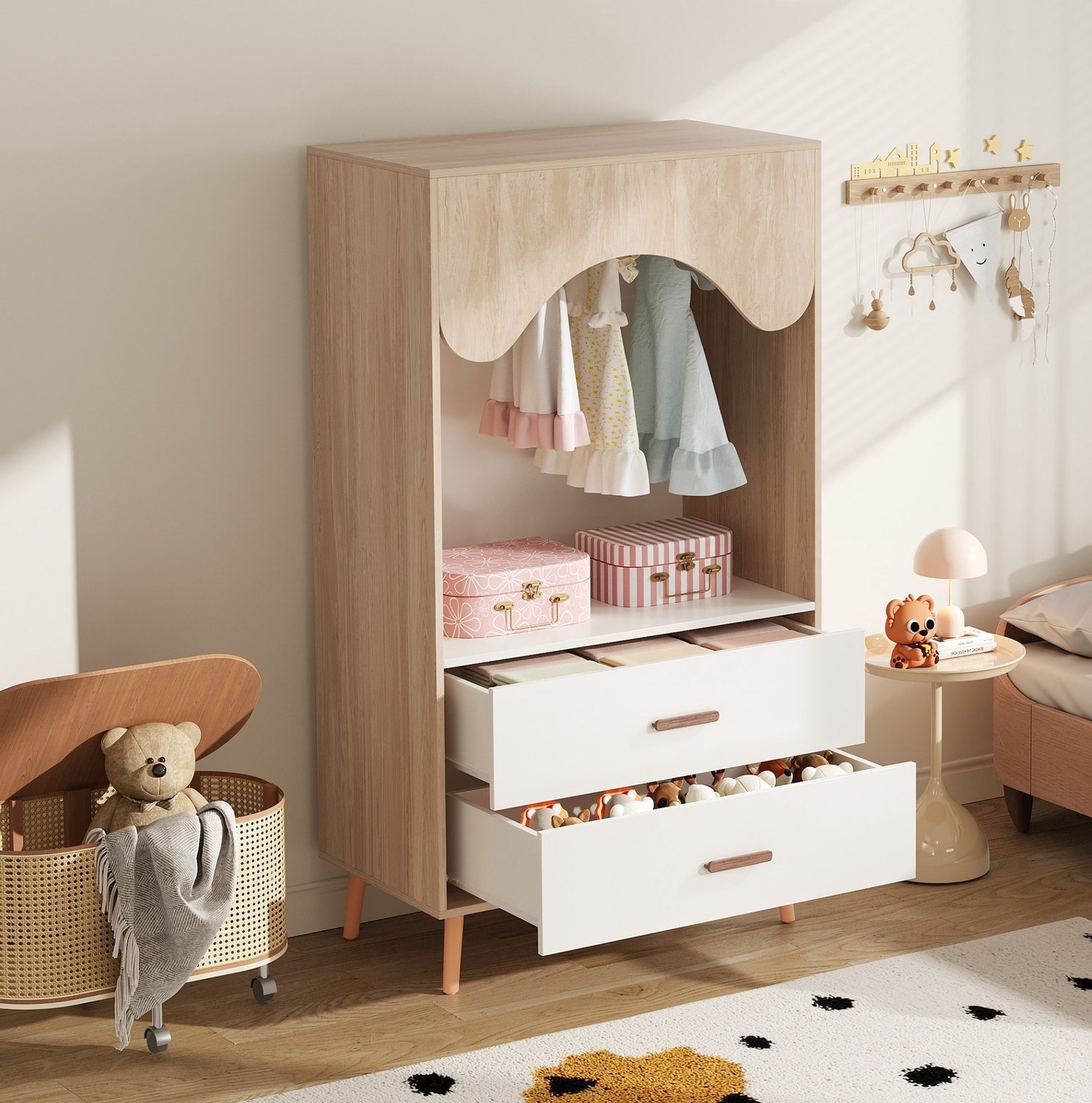 MIVRAY Kinderkledingkast - Open Met Kledingroede En Twee Lades - Voor Kinderkamer - HDF En Hout - Naturel En Wit - 80x46x141,5 Cm