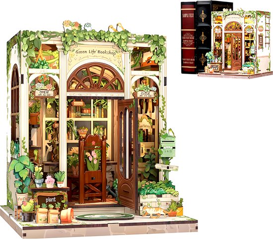 DIY "Boekenhoek" Bouwmodel - Mini Groene Boekhandel - 3D Houten Puzzel - Zelf in elkaar te zetten Huis - Miniatuur Scène Set - Model Speelgoed - Geschikt voor Boekenplanken en Woondecoratie - Inclusief LED-verlichting
