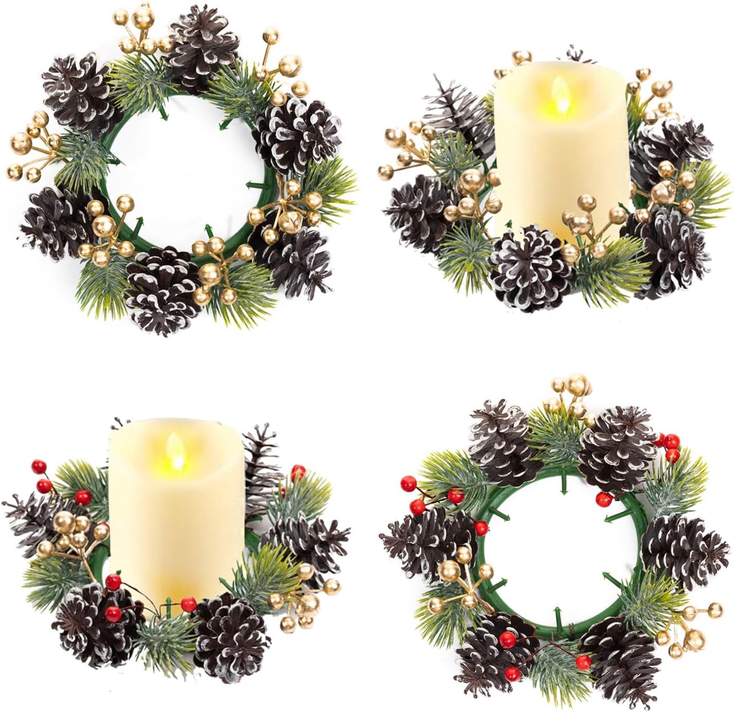 Kerstkrans - 2 stuks - kunstmatige krans - Kerstdecoratie - Bloemenkrans - Met kunstmatige rode bessen - Kersttafeldecoratie - decoratieve ring voor kaarsen, rustiek kersttafelstuk of versiering