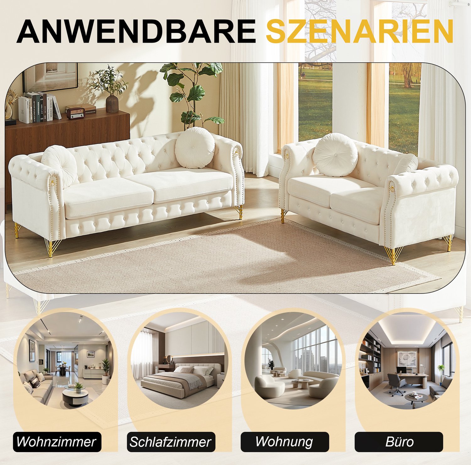 MODENUIT Chesterfield Bank 2-Zits - Gecapitonneerd Met Armleuningringen - Woonkamer - Fluweel - Beige