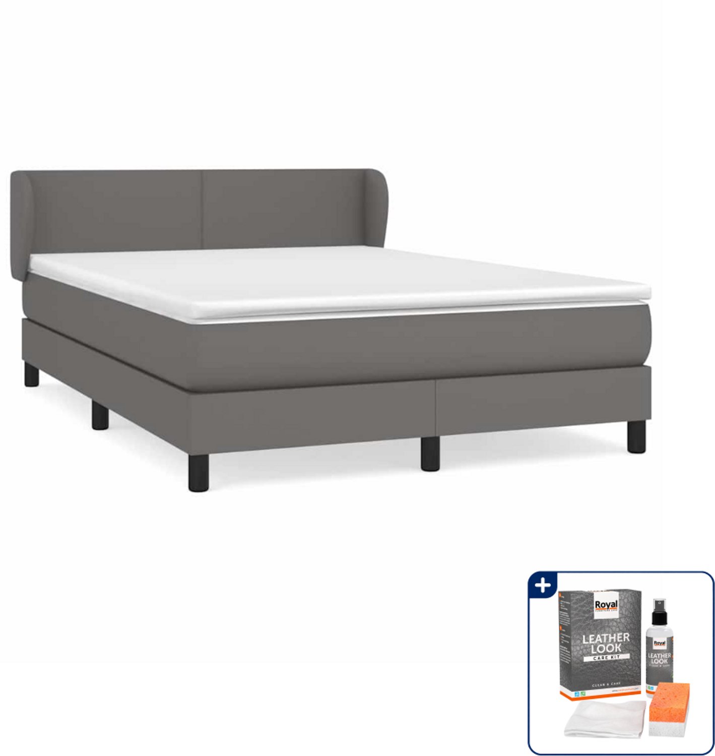 vidaXL Boxspring met matras 140 x 190 cm - kunstleer - grijs - Inclusief onderhoudsset voor kunstleer 150 ml
